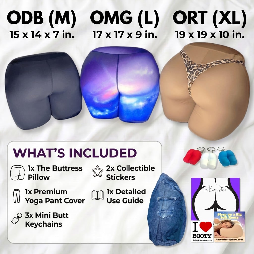 What's included with The Buttress Pillow: ODB, OMG, and ORT sizes, yoga pant cover, mini-butt keychains, stickers, and use guide