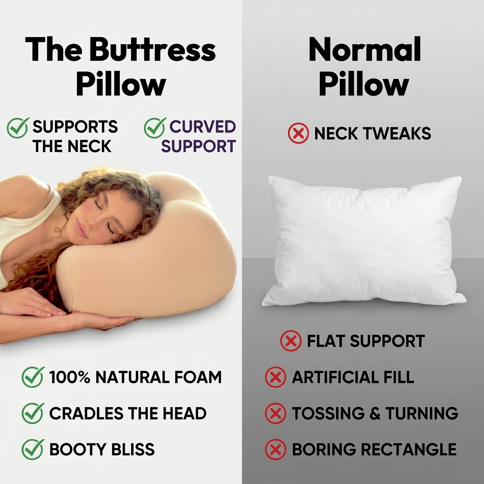 The Buttress Pillow versus a normal rectangular pillow β curved neck support, natural latex foam, and head cradling versus flat support, artificial fill, and tossing and turning.
