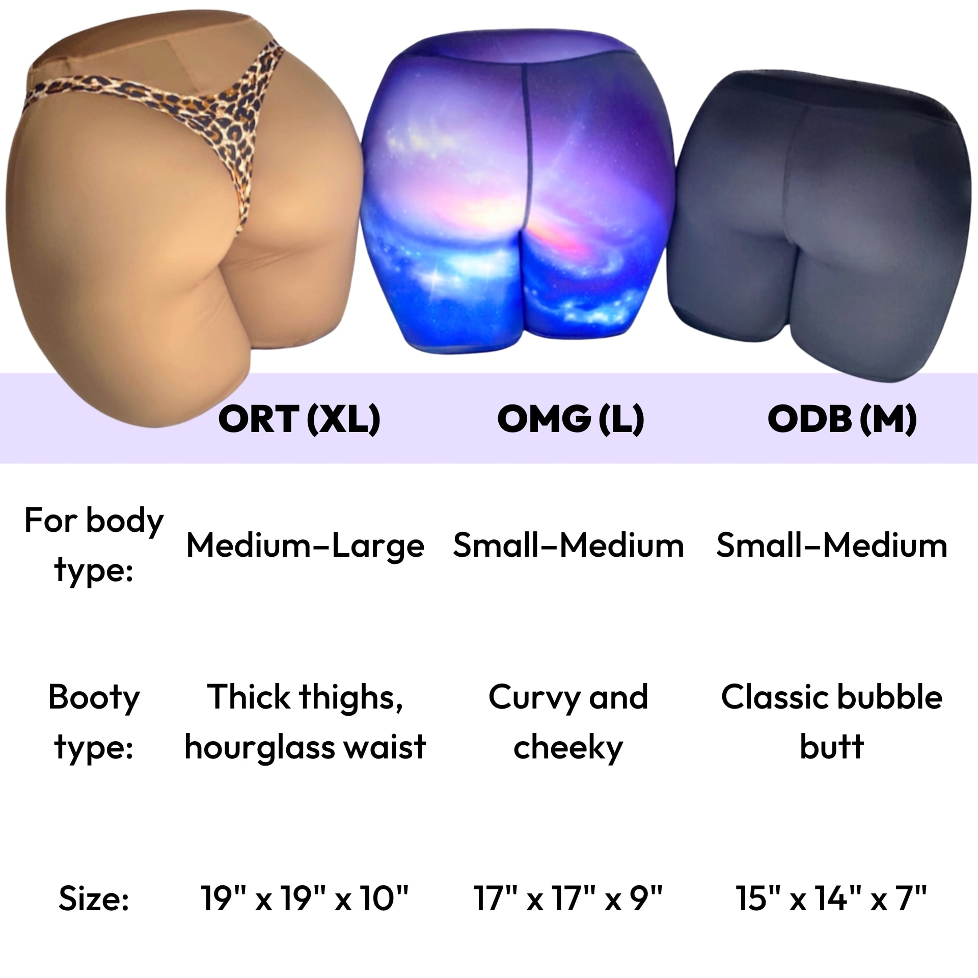Visual comparison of Buttress Pillow models ODB, OMG, and ORT: sizes, shapes, and recommended sleeper types.