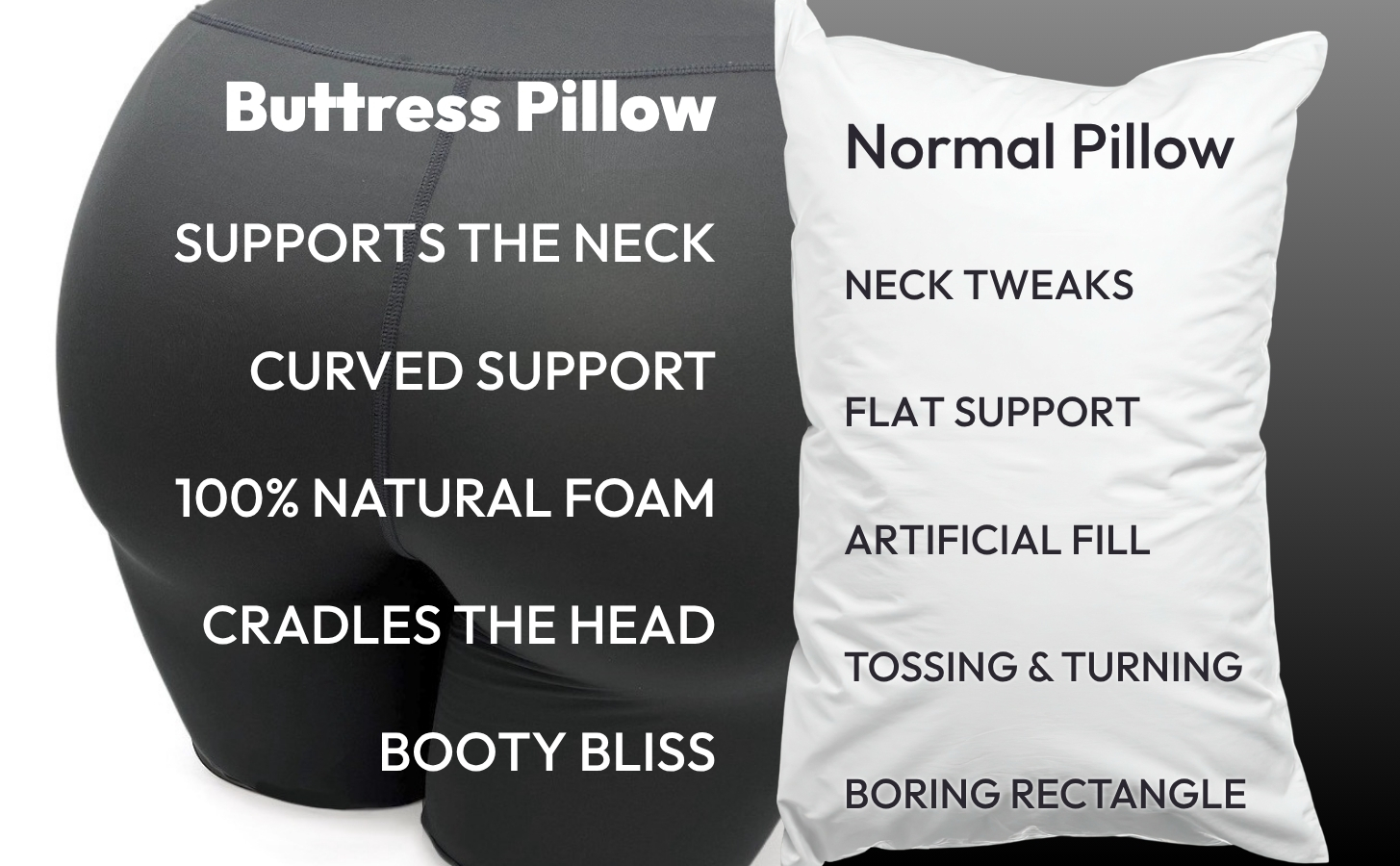 Comparison chart: The Buttress Pillow versus an average $25 pillow — support, natural latex, durable core, adjustability, and comfort versus cheap fillers, overheating, flattening, and no structural support.